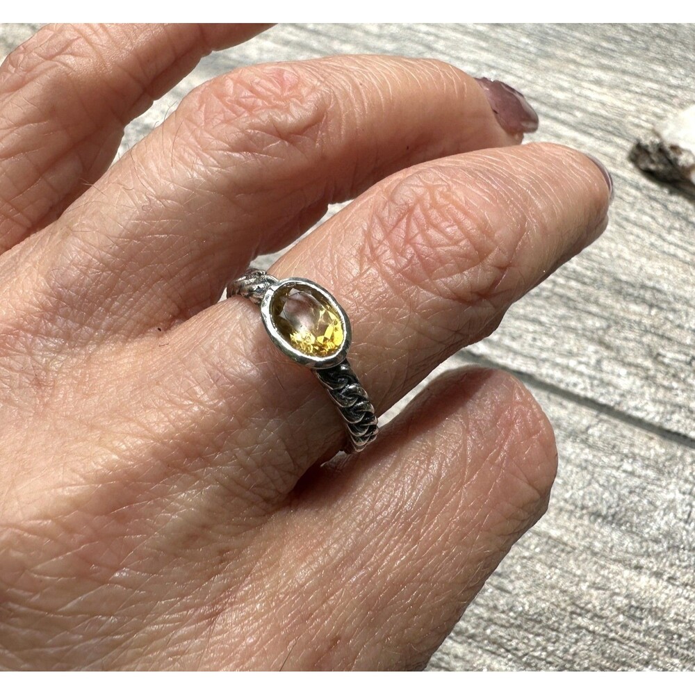 925 Sterling Silver Faceted Citrine Rope Band Ring Size 7 Yellow Gemstone